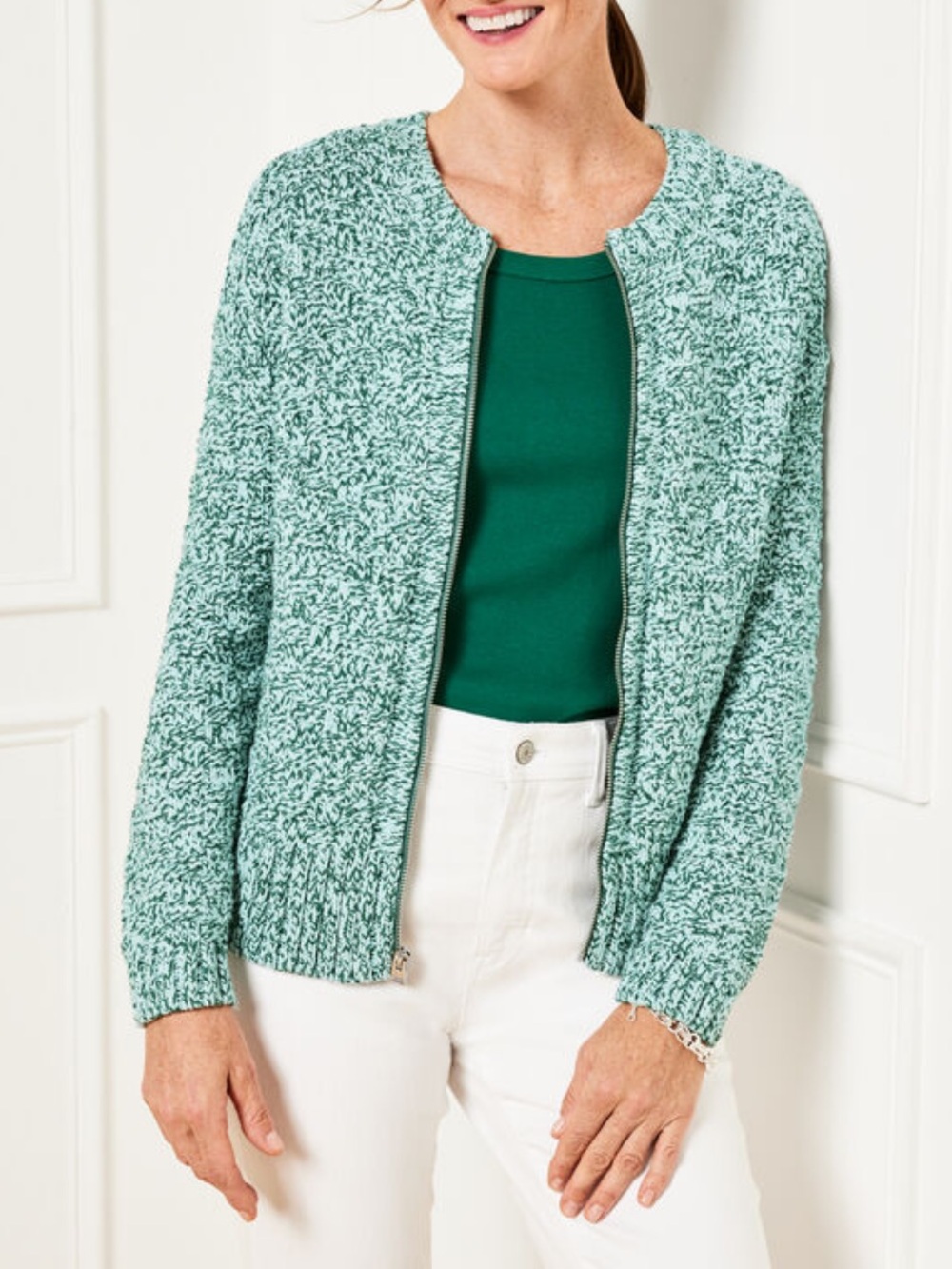Talbots Texture Stitch Bomber Marled Green Knit Zip Cardigan Sweater NEW